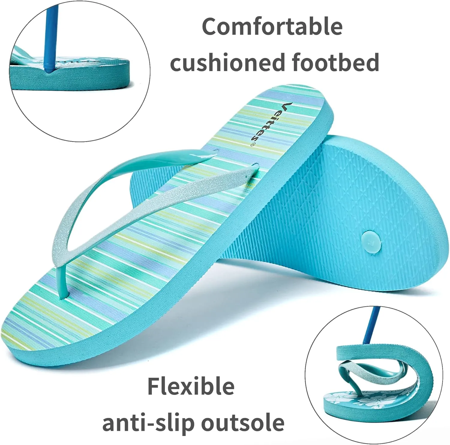 Veittes Women's Flip Flops Sandals, Soft Beach Pool Colorful Pattern Printing Slide Shoes.
