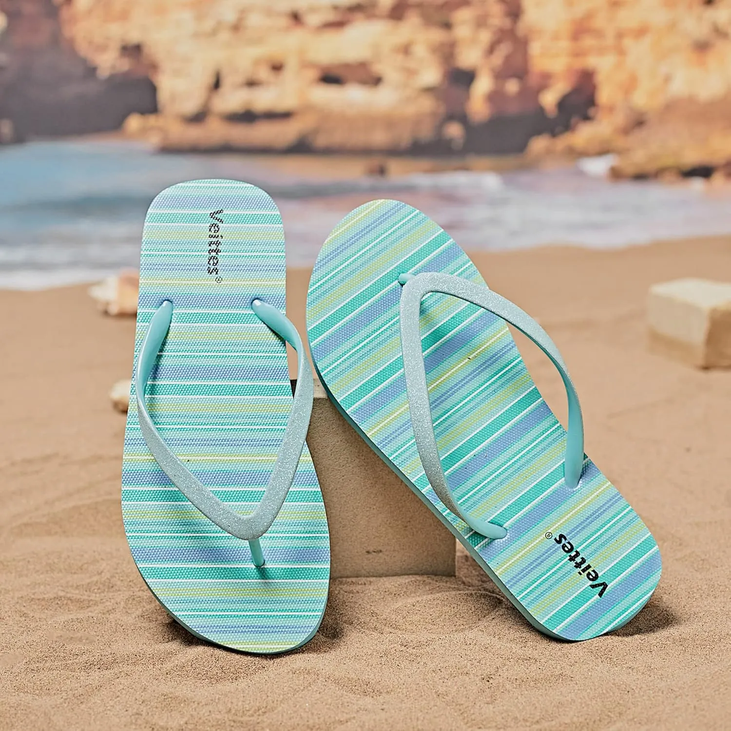 Veittes Women's Flip Flops Sandals, Soft Beach Pool Colorful Pattern Printing Slide Shoes.