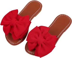 Verdusa Girl's 3D Bow PU Leather Slip on Slippers Color Block Open Toe Flat Sandals
