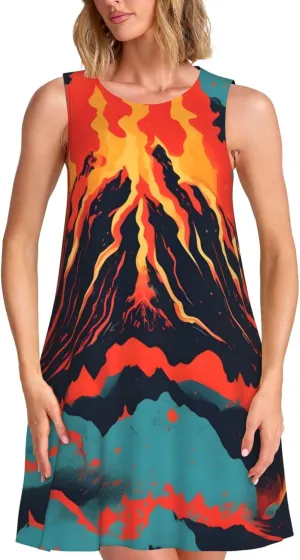 Volcano Print Women's Summer Dresses Beach Casual Sleeveless Floral Loose Sundress with Pocket