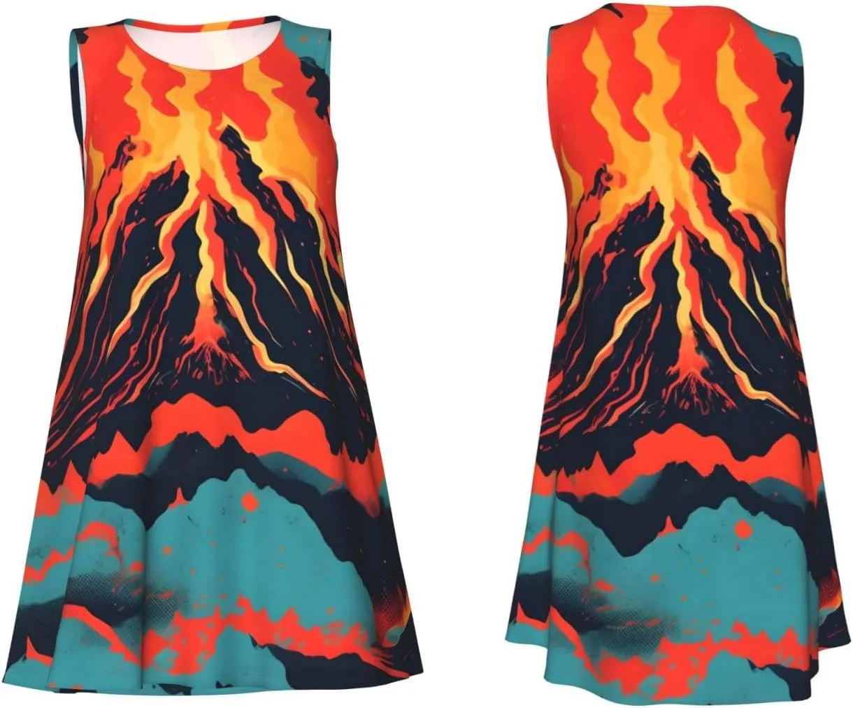 Volcano Print Women's Summer Dresses Beach Casual Sleeveless Floral Loose Sundress with Pocket