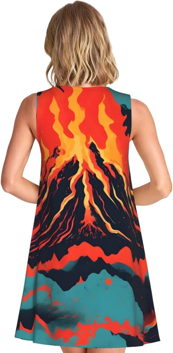 Volcano Print Women's Summer Dresses Beach Casual Sleeveless Floral Loose Sundress with Pocket