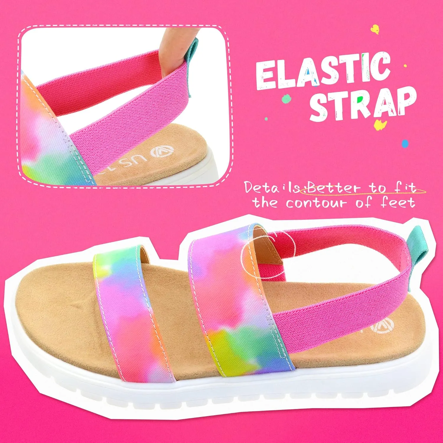 Vonair Girls Rainbow Sandals Open Toe Elastic Back Strap Comfortable Summer Sandals with Soft Rubber Sole