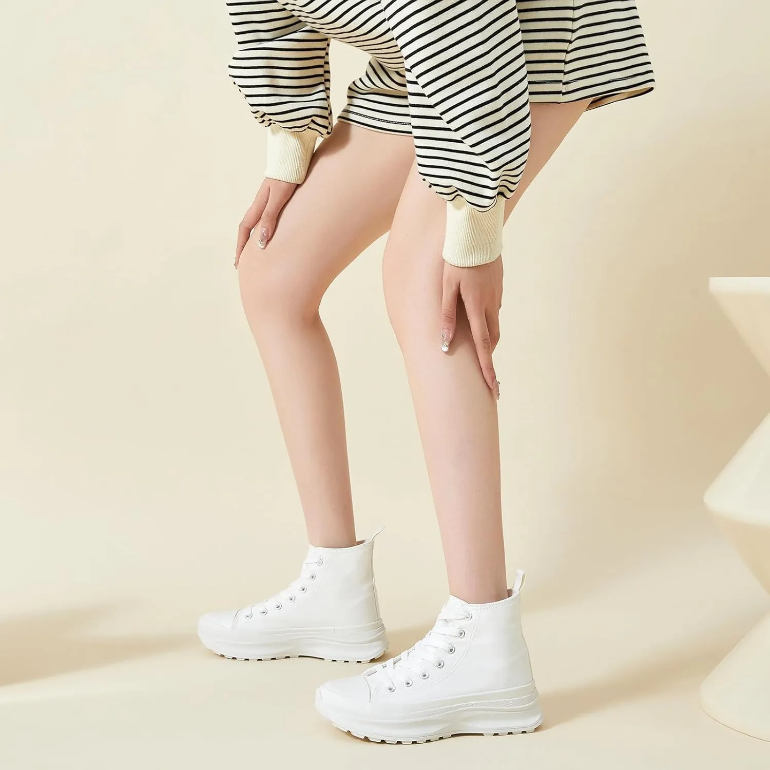 Waluzs Womens High Top Sneakers Black High Tops Platform Sneakers Lace UP Canvas Shoes White Tennis Shoes for Gym