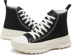 Waluzs Womens High Top Sneakers Black High Tops Platform Sneakers Lace UP Canvas Shoes White Tennis Shoes for Gym
