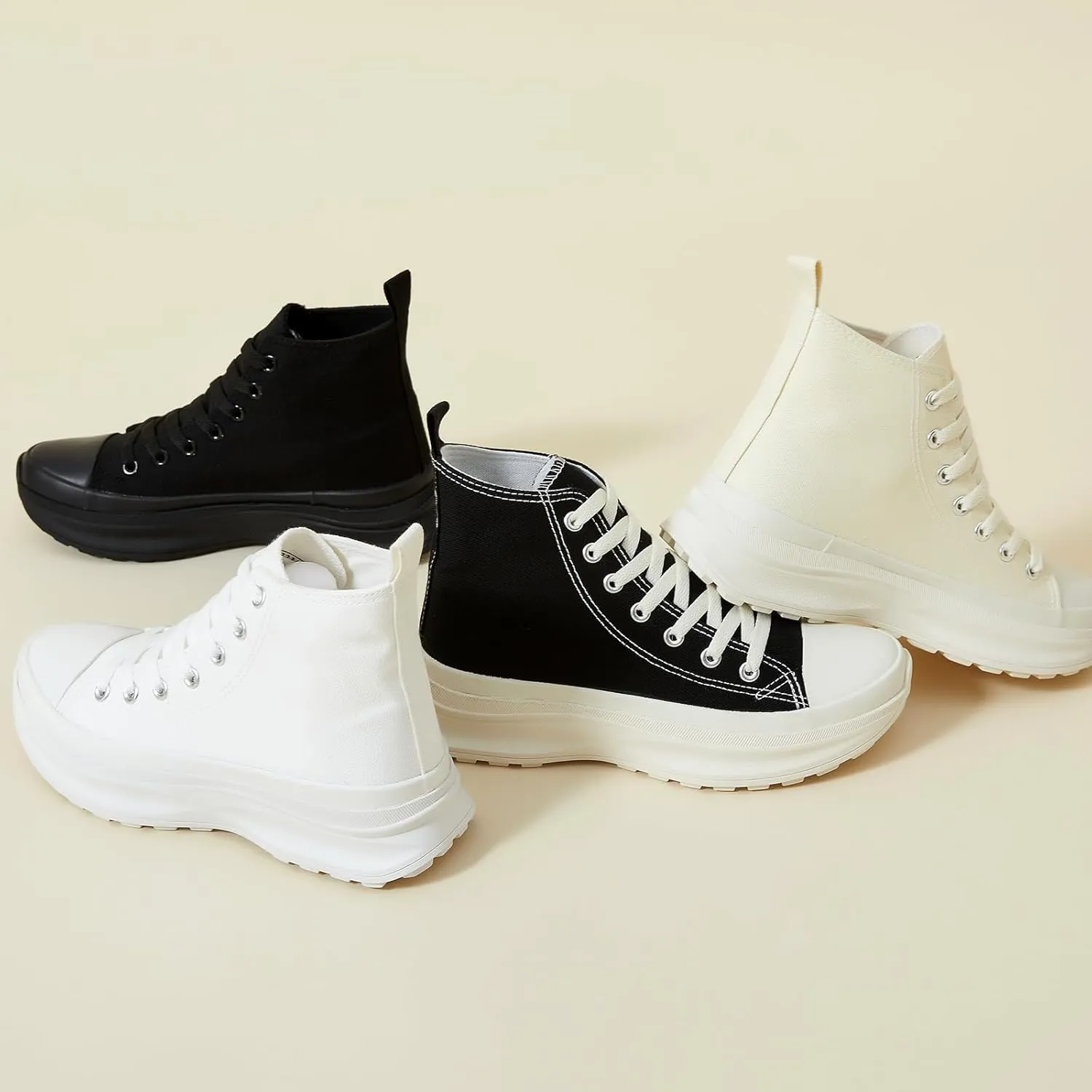 Waluzs Womens High Top Sneakers Black High Tops Platform Sneakers Lace UP Canvas Shoes White Tennis Shoes for Gym