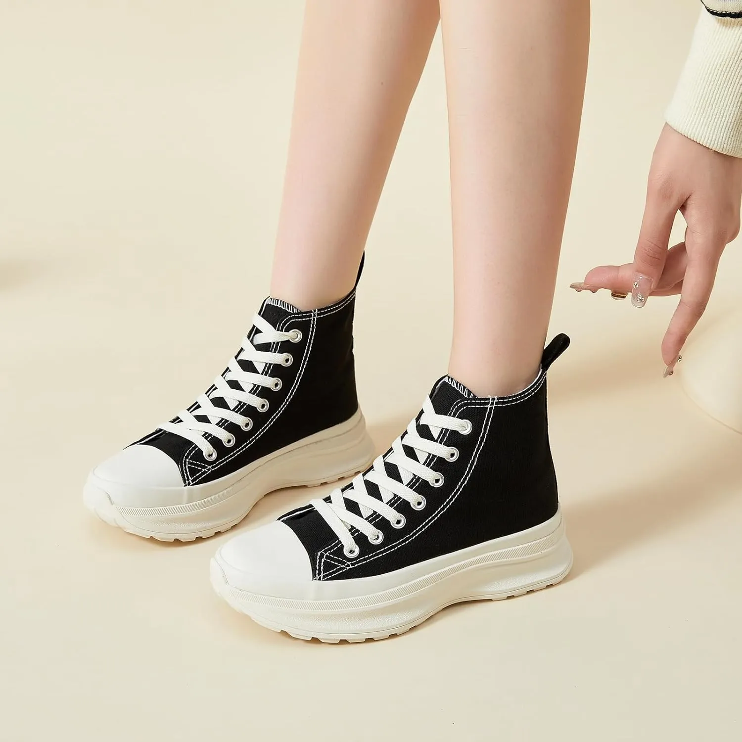 Waluzs Womens High Top Sneakers Black High Tops Platform Sneakers Lace UP Canvas Shoes White Tennis Shoes for Gym