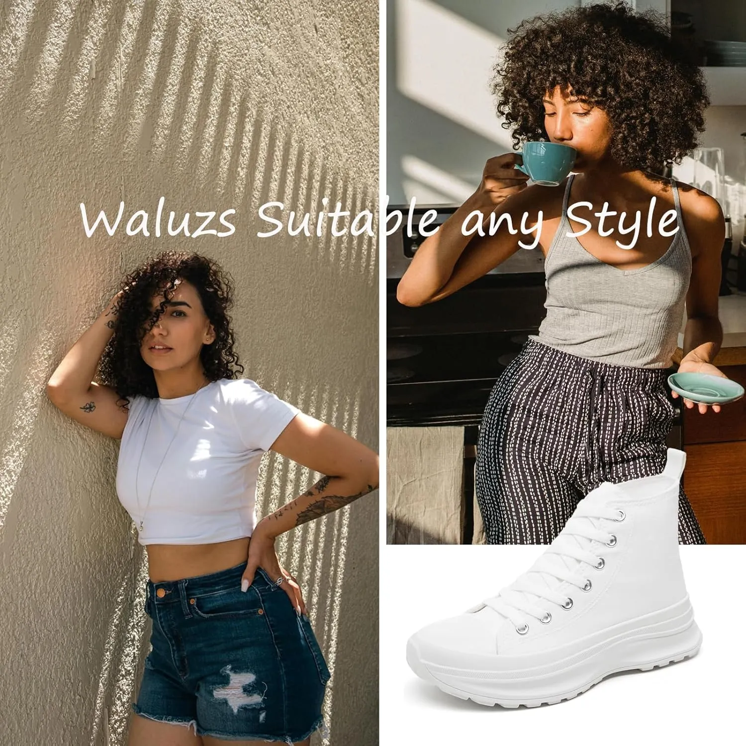 Waluzs Womens High Top Sneakers Black High Tops Platform Sneakers Lace UP Canvas Shoes White Tennis Shoes for Gym
