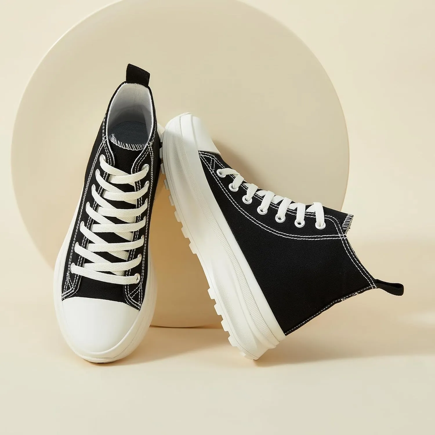Waluzs Womens High Top Sneakers Black High Tops Platform Sneakers Lace UP Canvas Shoes White Tennis Shoes for Gym