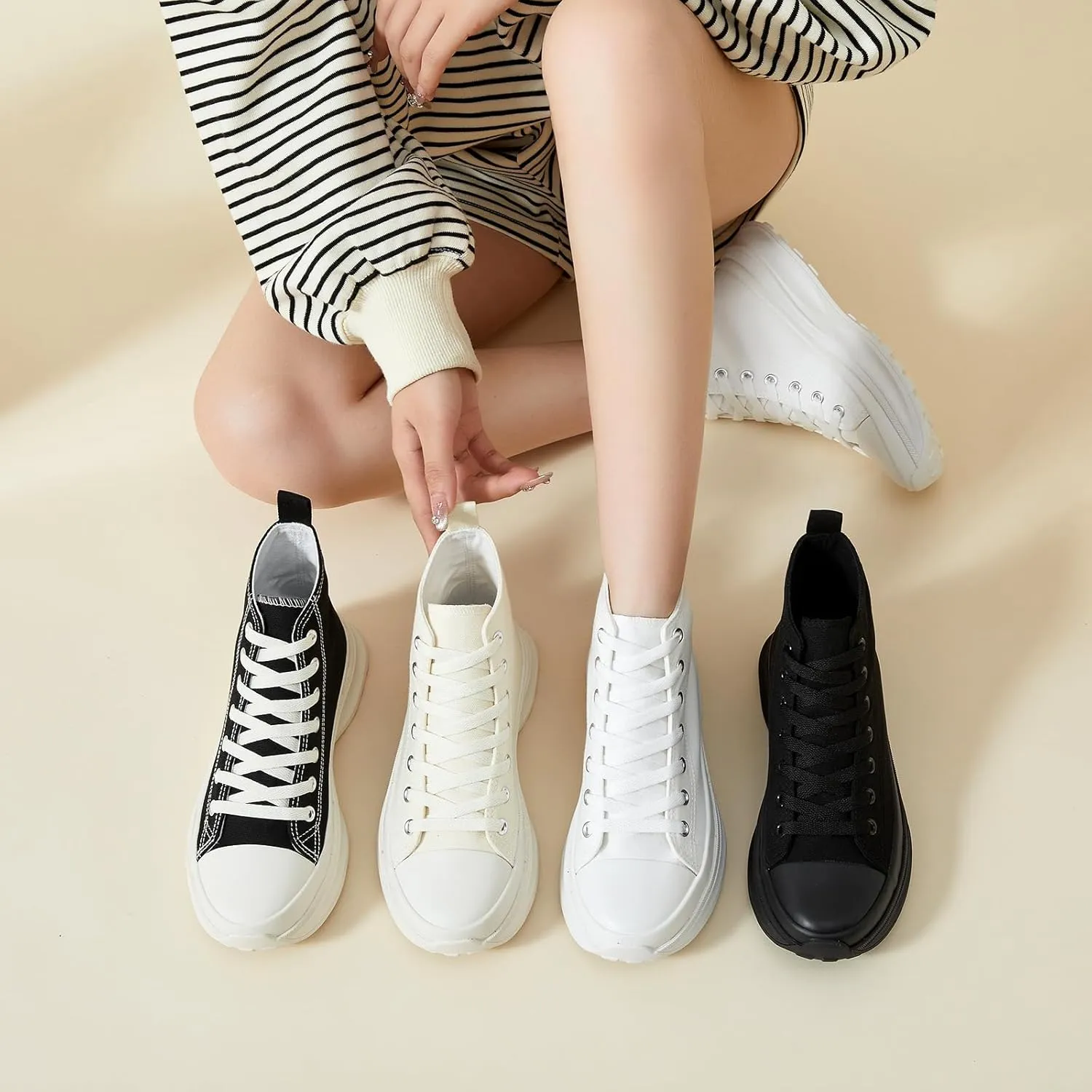 Waluzs Womens High Top Sneakers Black High Tops Platform Sneakers Lace UP Canvas Shoes White Tennis Shoes for Gym
