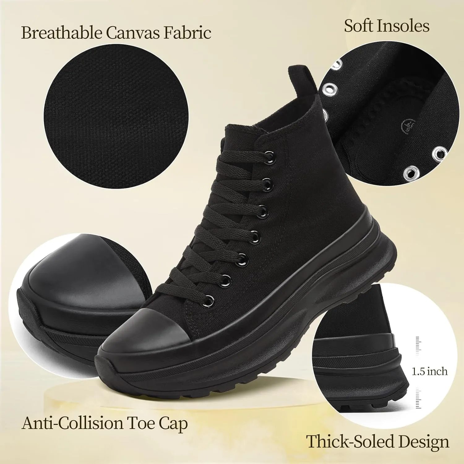 Waluzs Womens High Top Sneakers Black High Tops Platform Sneakers Lace UP Canvas Shoes White Tennis Shoes for Gym