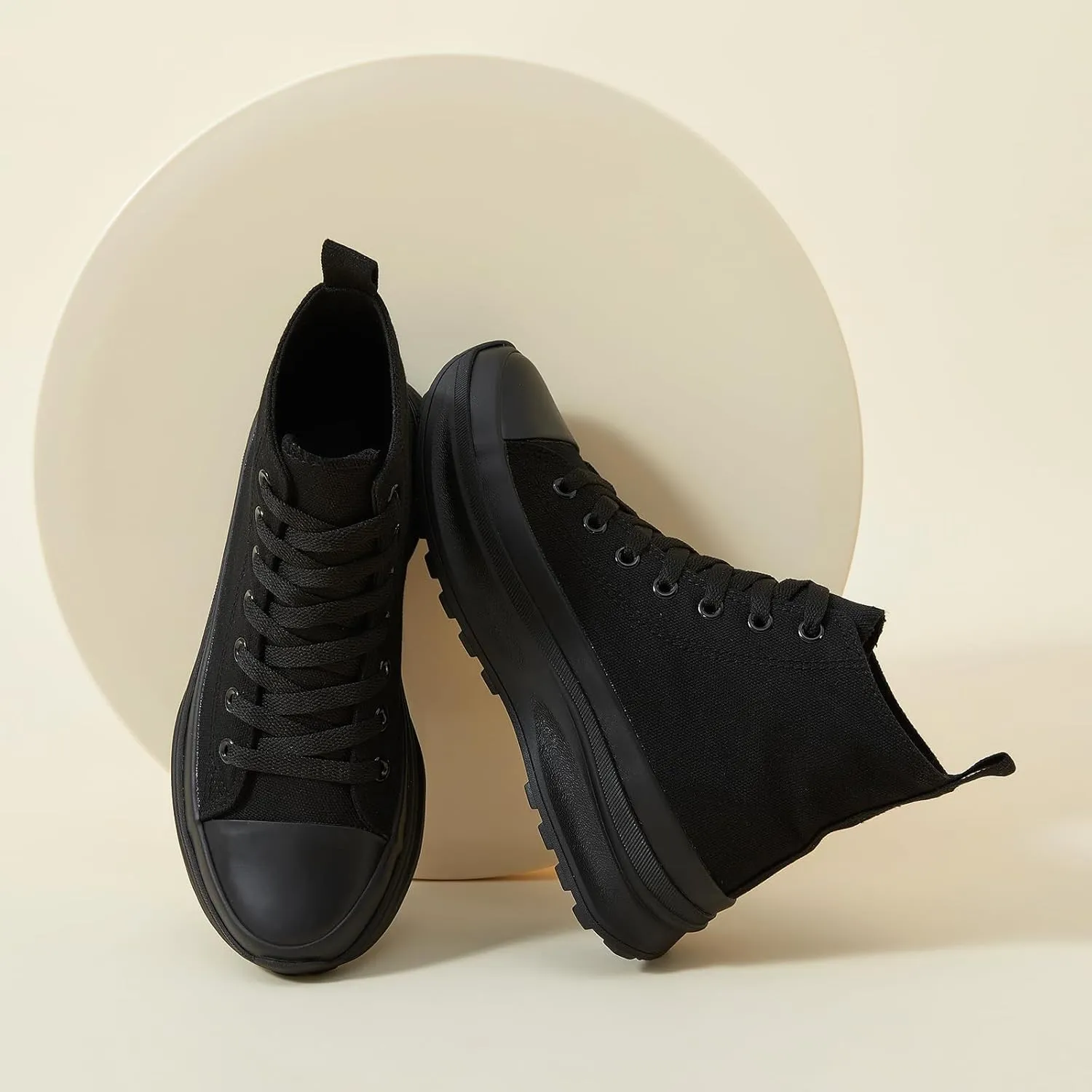 Waluzs Womens High Top Sneakers Black High Tops Platform Sneakers Lace UP Canvas Shoes White Tennis Shoes for Gym