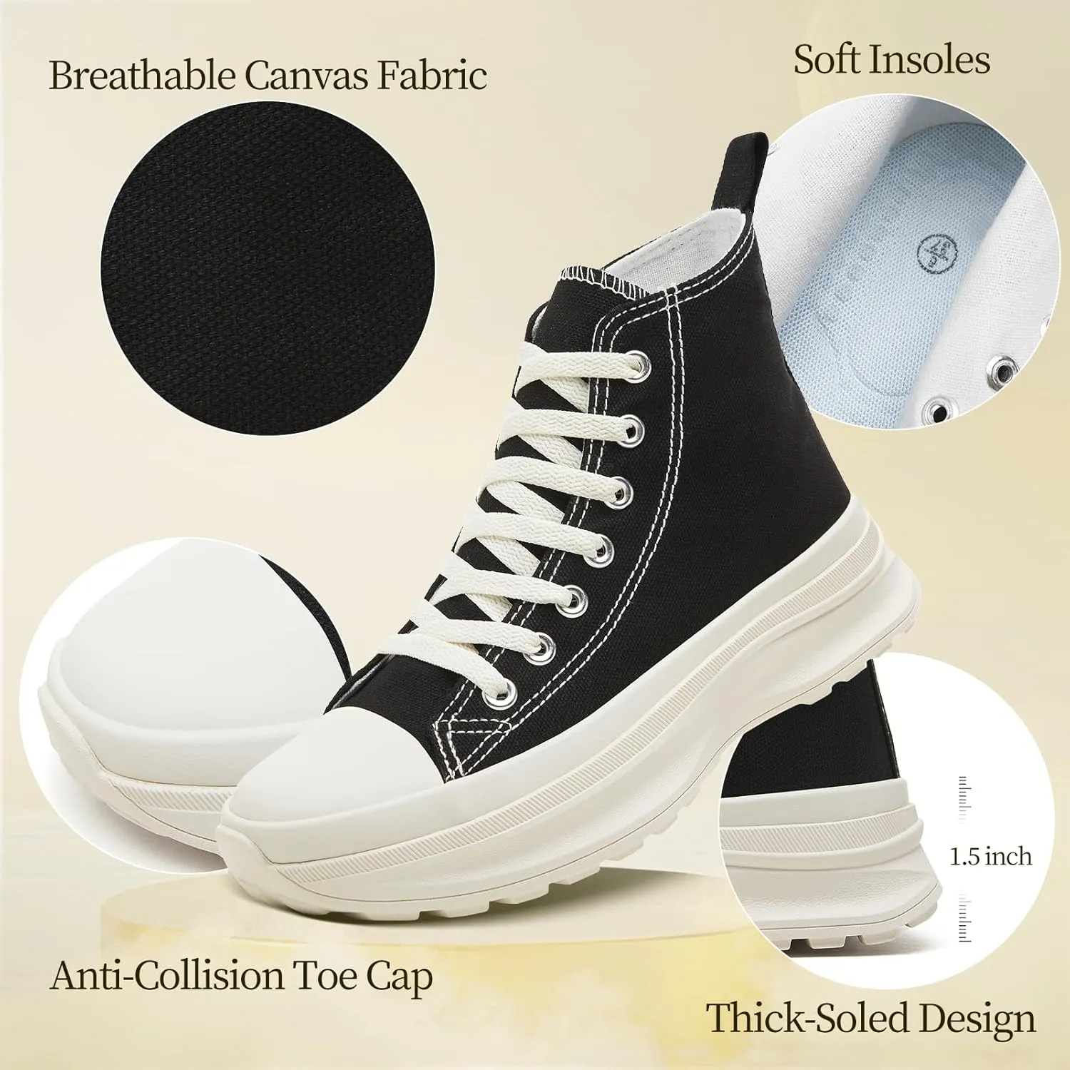 Waluzs Womens High Top Sneakers Black High Tops Platform Sneakers Lace UP Canvas Shoes White Tennis Shoes for Gym