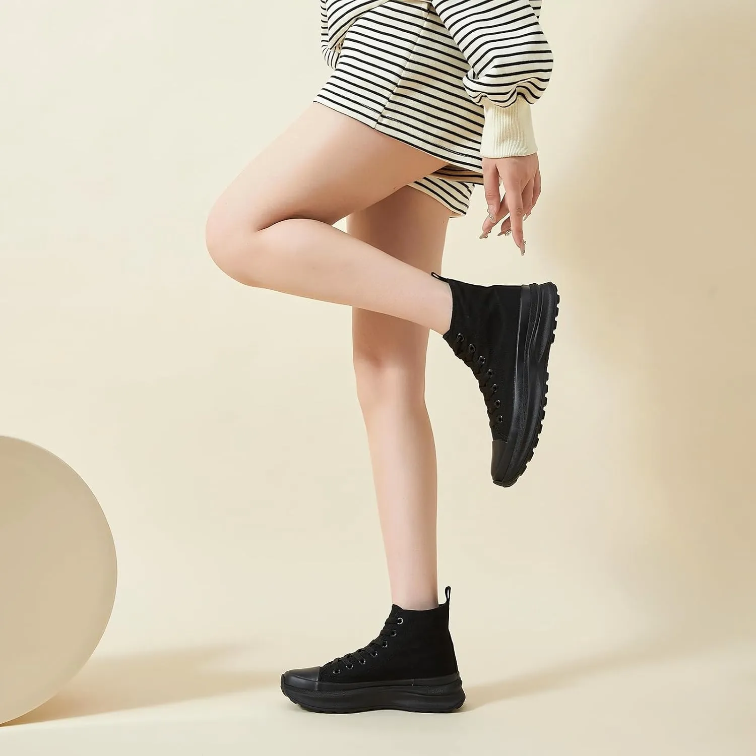 Waluzs Womens High Top Sneakers Black High Tops Platform Sneakers Lace UP Canvas Shoes White Tennis Shoes for Gym