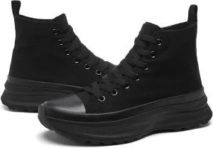 Waluzs Womens High Top Sneakers Black High Tops Platform Sneakers Lace UP Canvas Shoes White Tennis Shoes for Gym