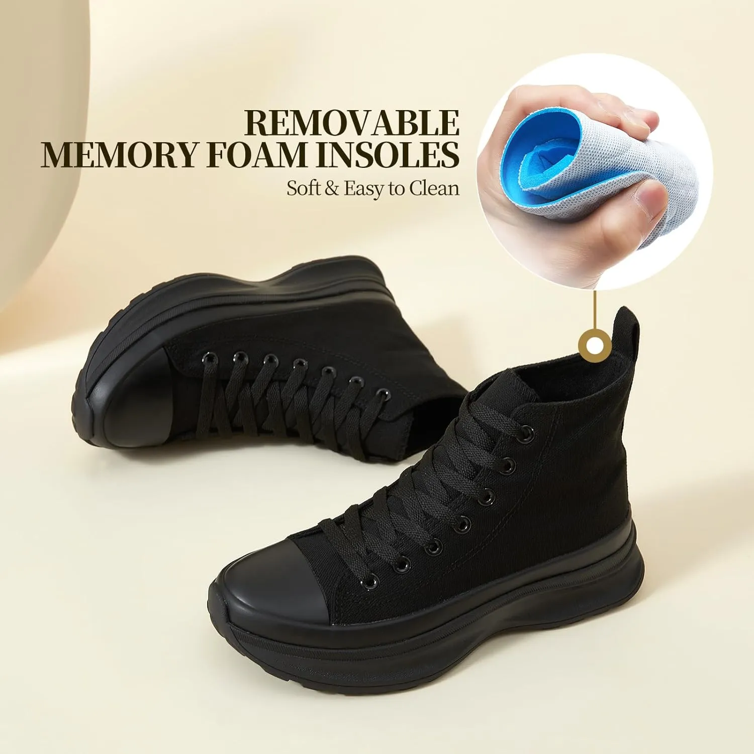 Waluzs Womens High Top Sneakers Black High Tops Platform Sneakers Lace UP Canvas Shoes White Tennis Shoes for Gym