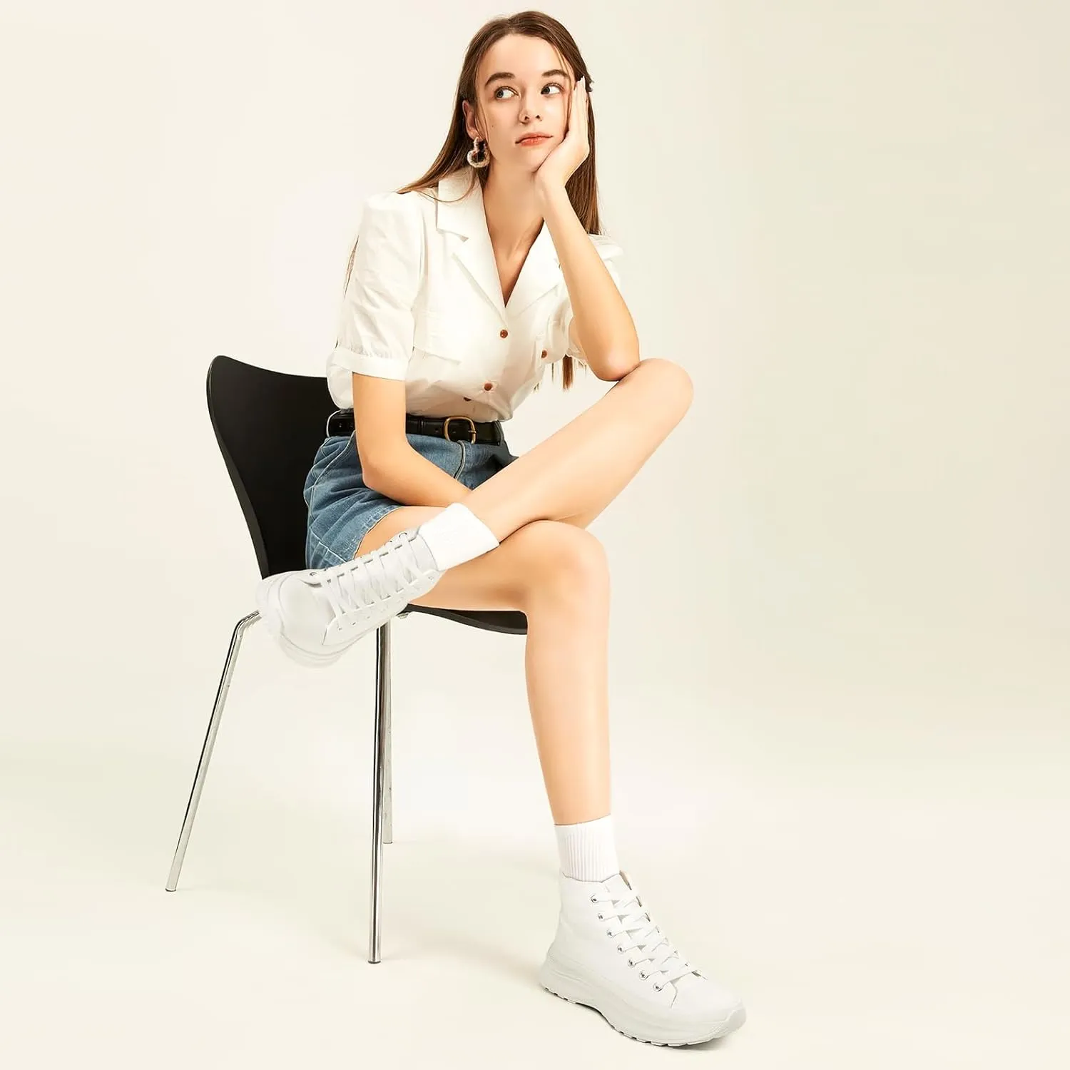 Waluzs Womens High Top Sneakers Black High Tops Platform Sneakers Lace UP Canvas Shoes White Tennis Shoes for Gym