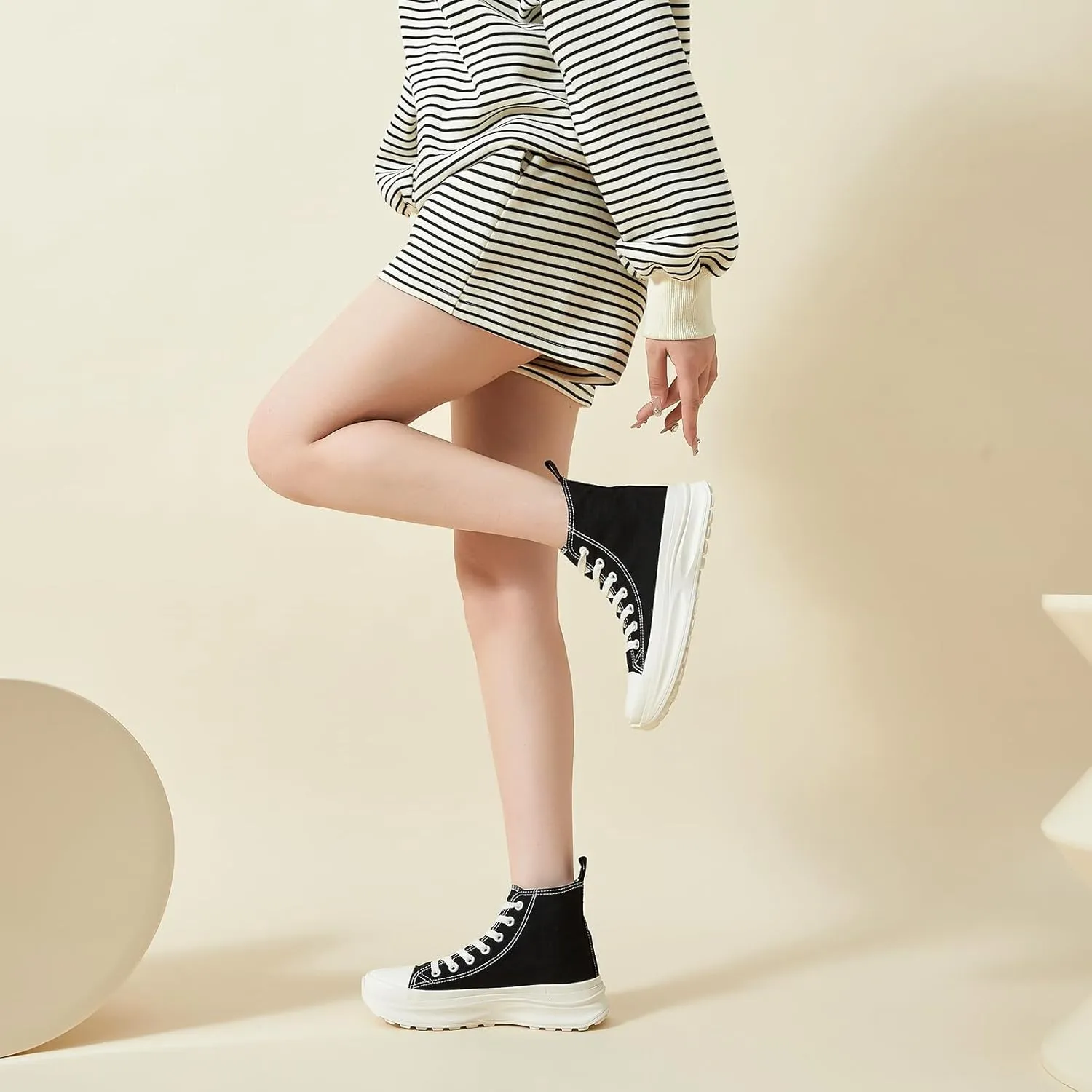 Waluzs Womens High Top Sneakers Black High Tops Platform Sneakers Lace UP Canvas Shoes White Tennis Shoes for Gym