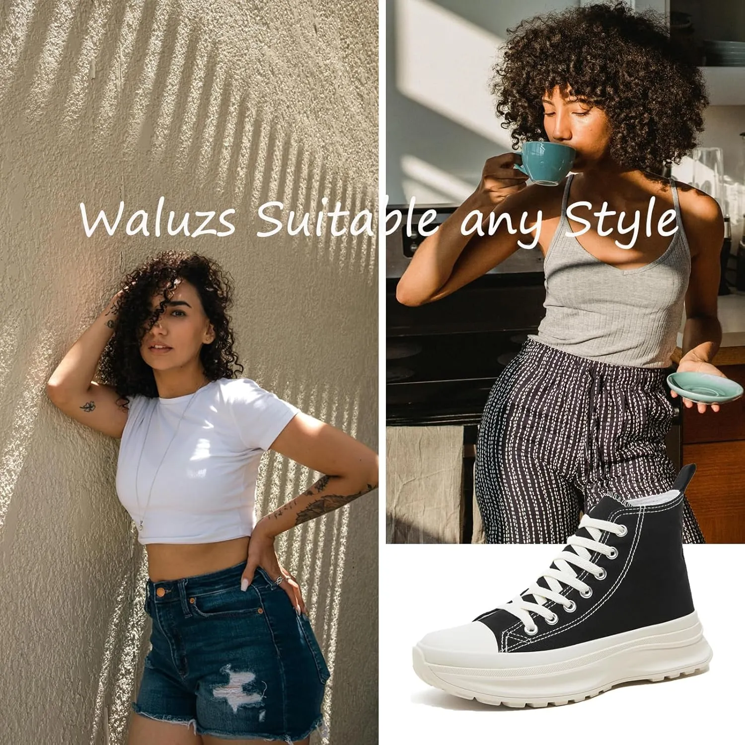 Waluzs Womens High Top Sneakers Black High Tops Platform Sneakers Lace UP Canvas Shoes White Tennis Shoes for Gym