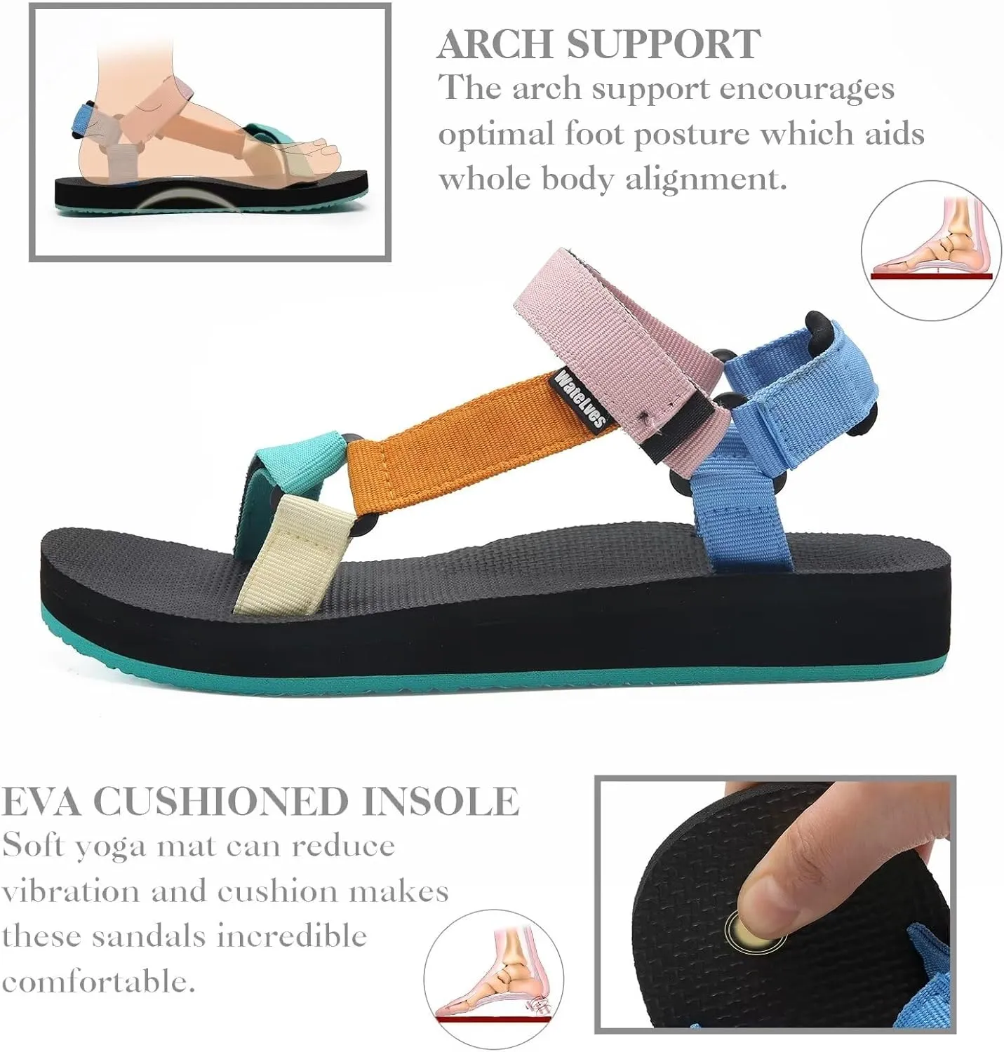 WateLves Womens-Sport-Sandals Outdoor Hiking Sandals with-Arch-Support Comfortable Webbing-Water-Athletic Beach-Sandals for Travel-Walking-Trekking-Camping