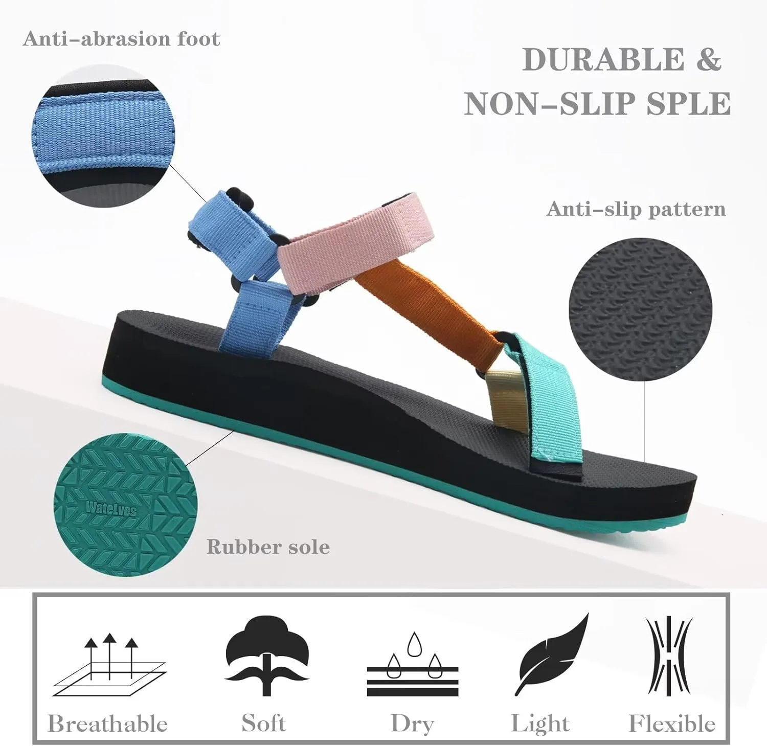 WateLves Womens-Sport-Sandals Outdoor Hiking Sandals with-Arch-Support Comfortable Webbing-Water-Athletic Beach-Sandals for Travel-Walking-Trekking-Camping