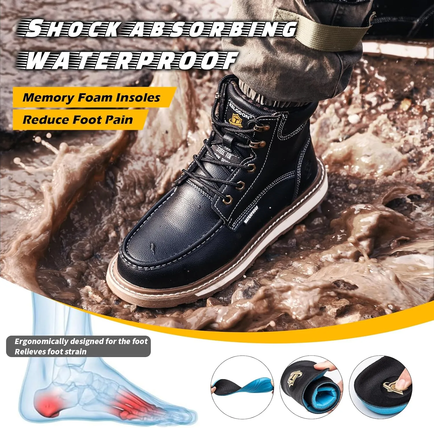 Waterproof Steel Toe Boots For Men-6" Leather Moc Toe Work Boots Mens Steel Toe Shoes Indestructible Non Slip Resistant Construction Safety Boot