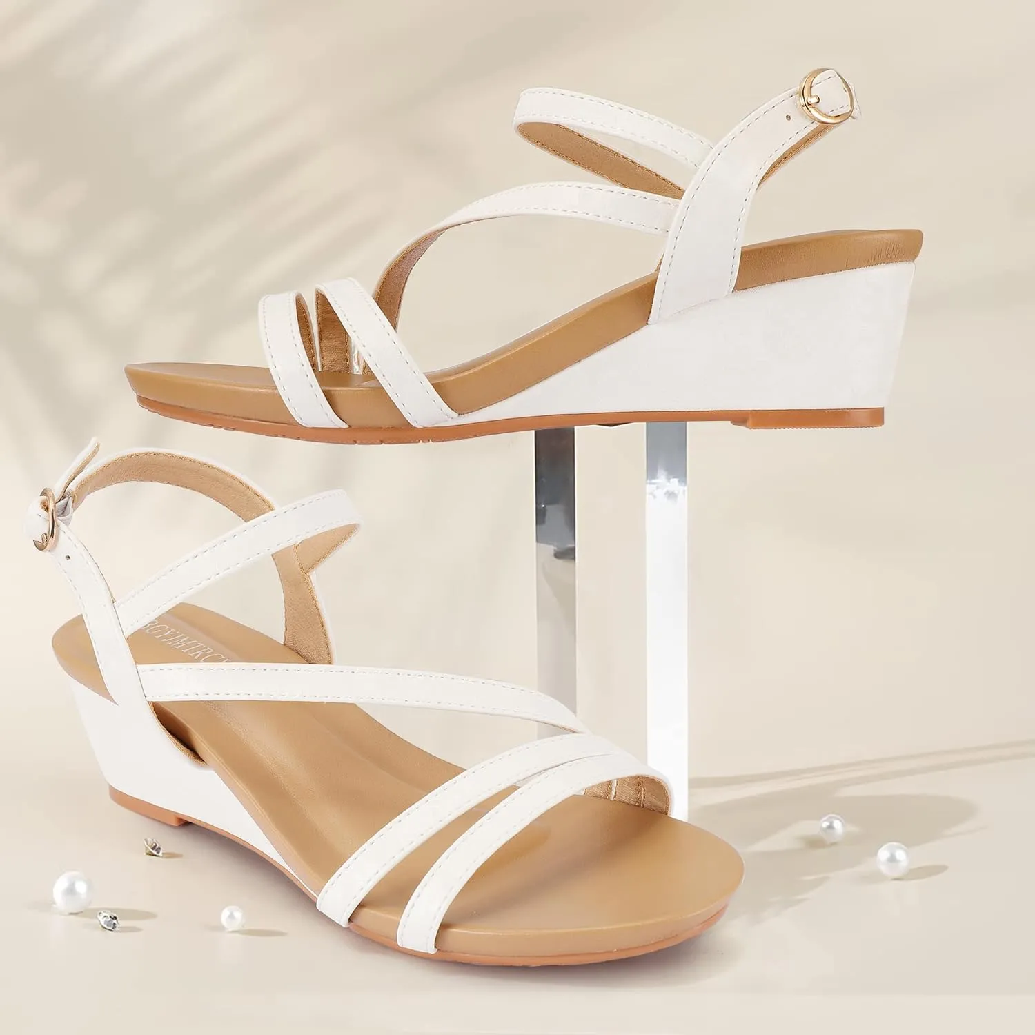 Wedge Sandals for Women Dress Elastic Ankle Strap Rhinestone Sandals Summer Comfortable Shoe