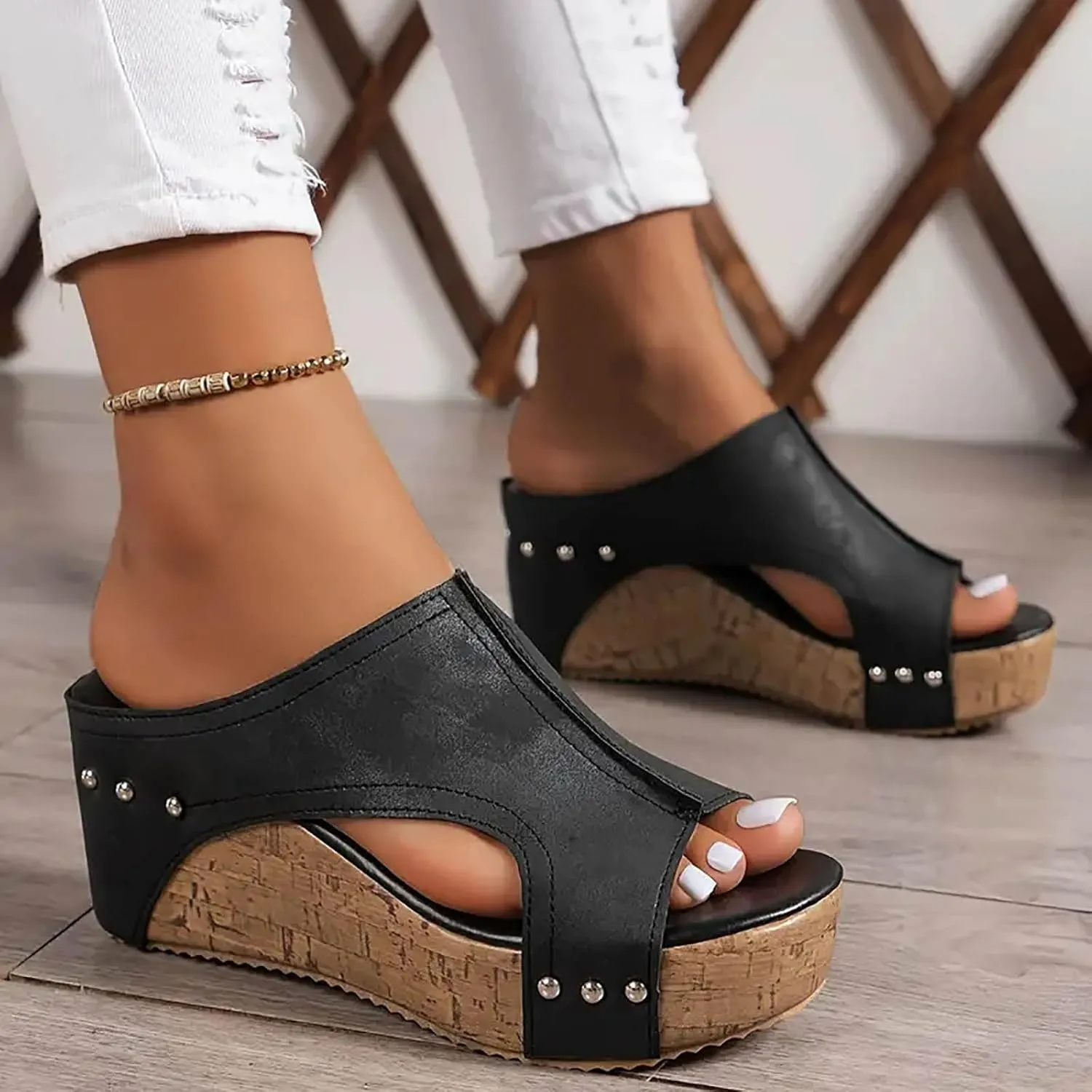 Wedges & Platform Sandals Women Orthopedic Sandals Soft Sole Non-Slip Wedge Sandals for Women Arch Support Summer Slippers Dressy Shoes Hollow Out Travel Slipper, 6, 1-black