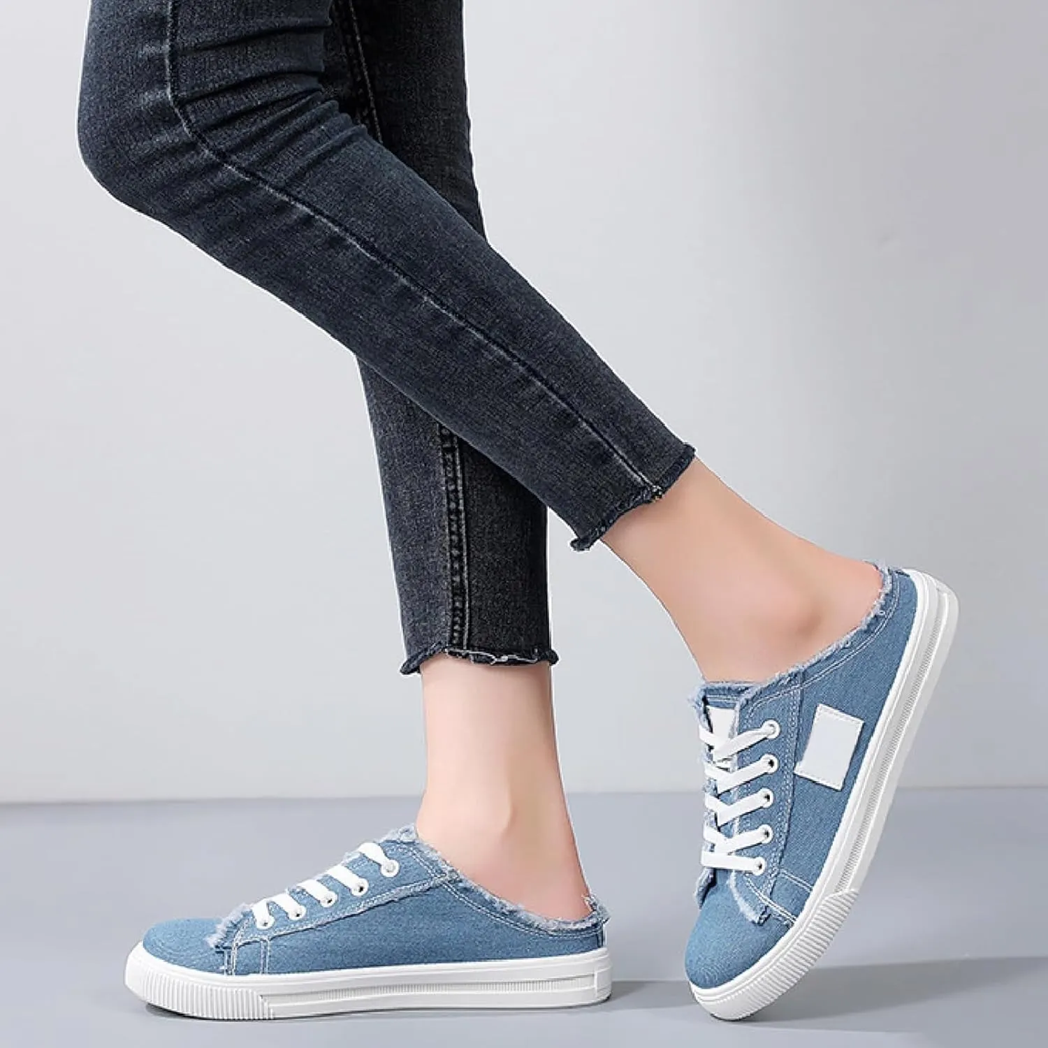 Women Canvas Mules Fashion Casual Slip on Solid Color Canvas Slippers Summer Lightweight Closed Toe Open Back Low Top and Lace up Walking Shoes Classic Comfort Flats
