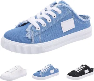 Women Canvas Mules Fashion Casual Slip on Solid Color Canvas Slippers Summer Lightweight Closed Toe Open Back Low Top and Lace up Walking Shoes Classic Comfort Flats