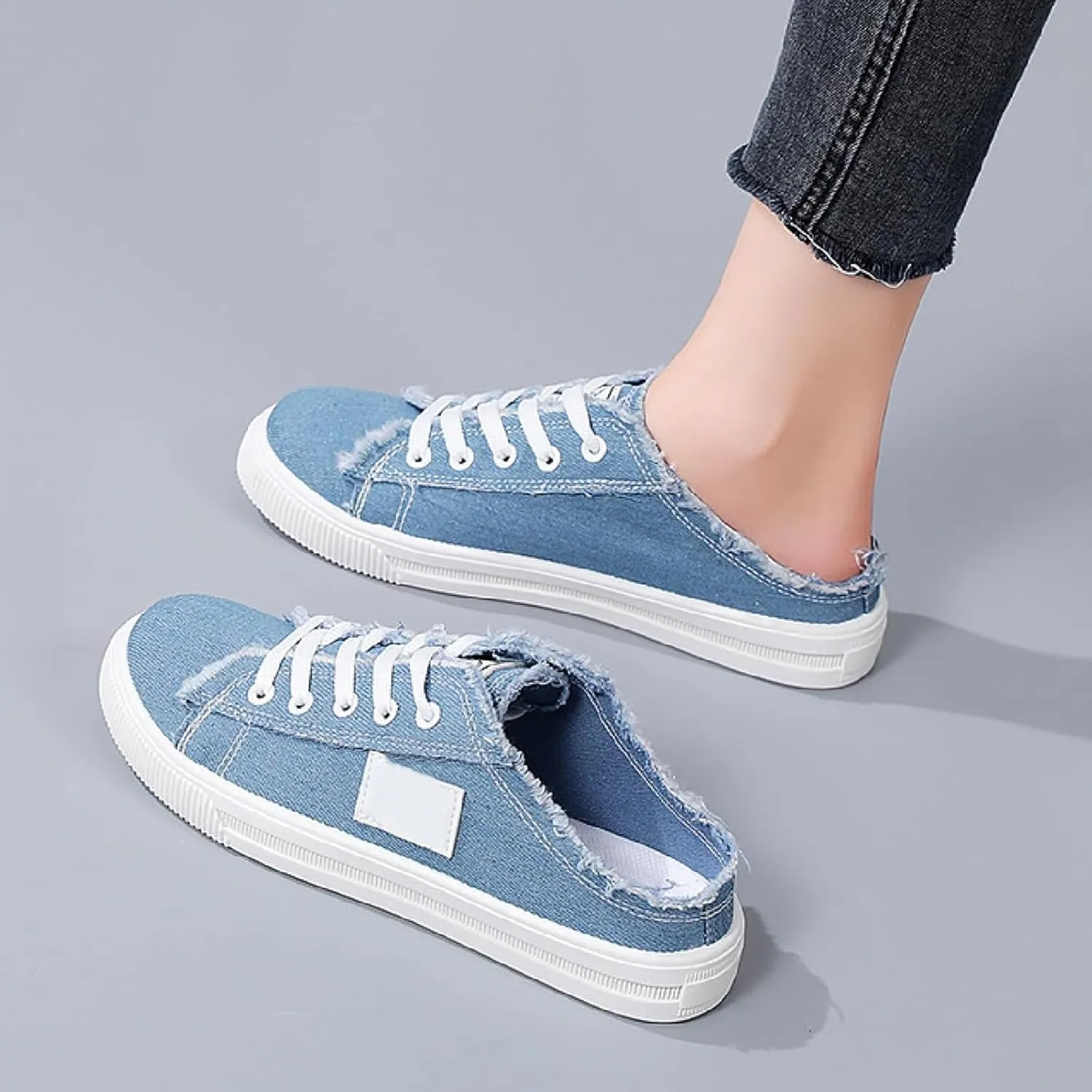 Women Canvas Mules Fashion Casual Slip on Solid Color Canvas Slippers Summer Lightweight Closed Toe Open Back Low Top and Lace up Walking Shoes Classic Comfort Flats