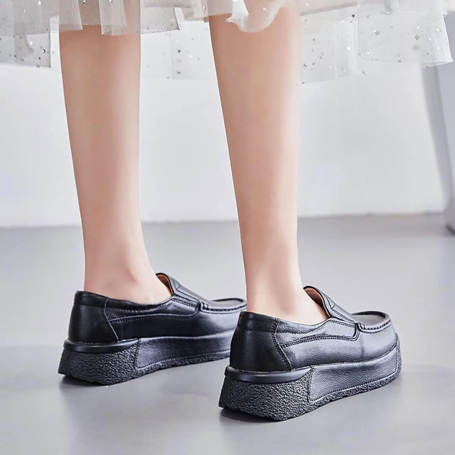 Women Platform Leather Slip On Loafers Wedge Moccasins,Casual Comfort Lightweight Soft Sole Low Top Walking Shoes Work Nurse Shoes