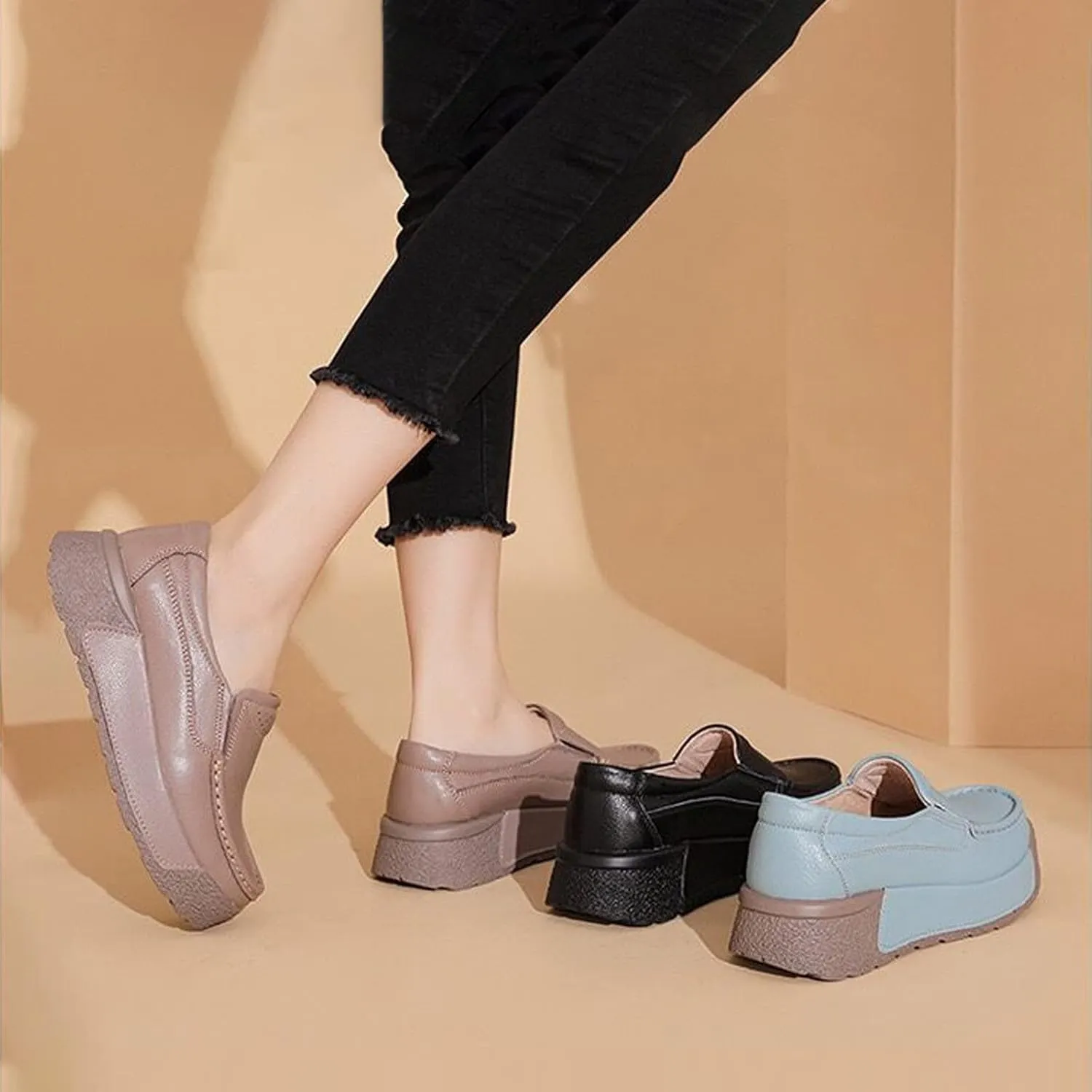 Women Platform Leather Slip On Loafers Wedge Moccasins,Casual Comfort Lightweight Soft Sole Low Top Walking Shoes Work Nurse Shoes