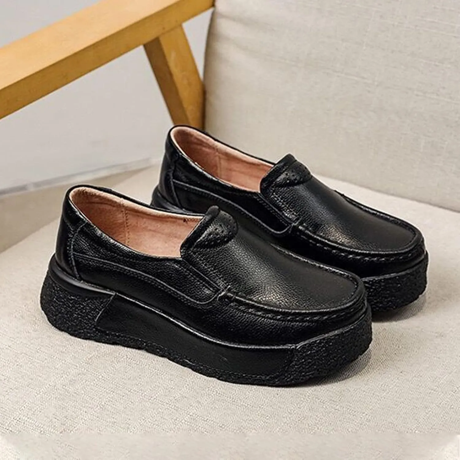 Women Platform Leather Slip On Loafers Wedge Moccasins,Casual Comfort Lightweight Soft Sole Low Top Walking Shoes Work Nurse Shoes