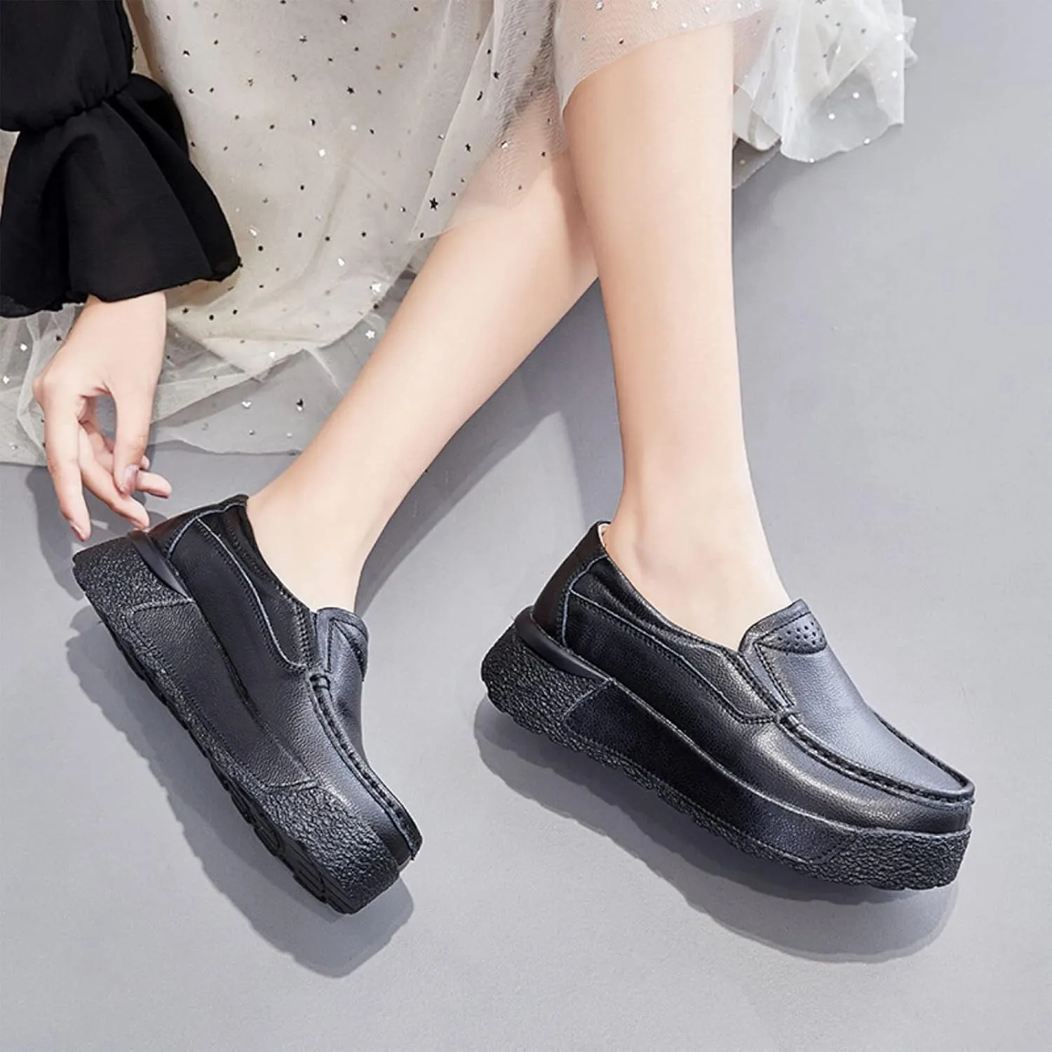 Women Platform Leather Slip On Loafers Wedge Moccasins,Casual Comfort Lightweight Soft Sole Low Top Walking Shoes Work Nurse Shoes