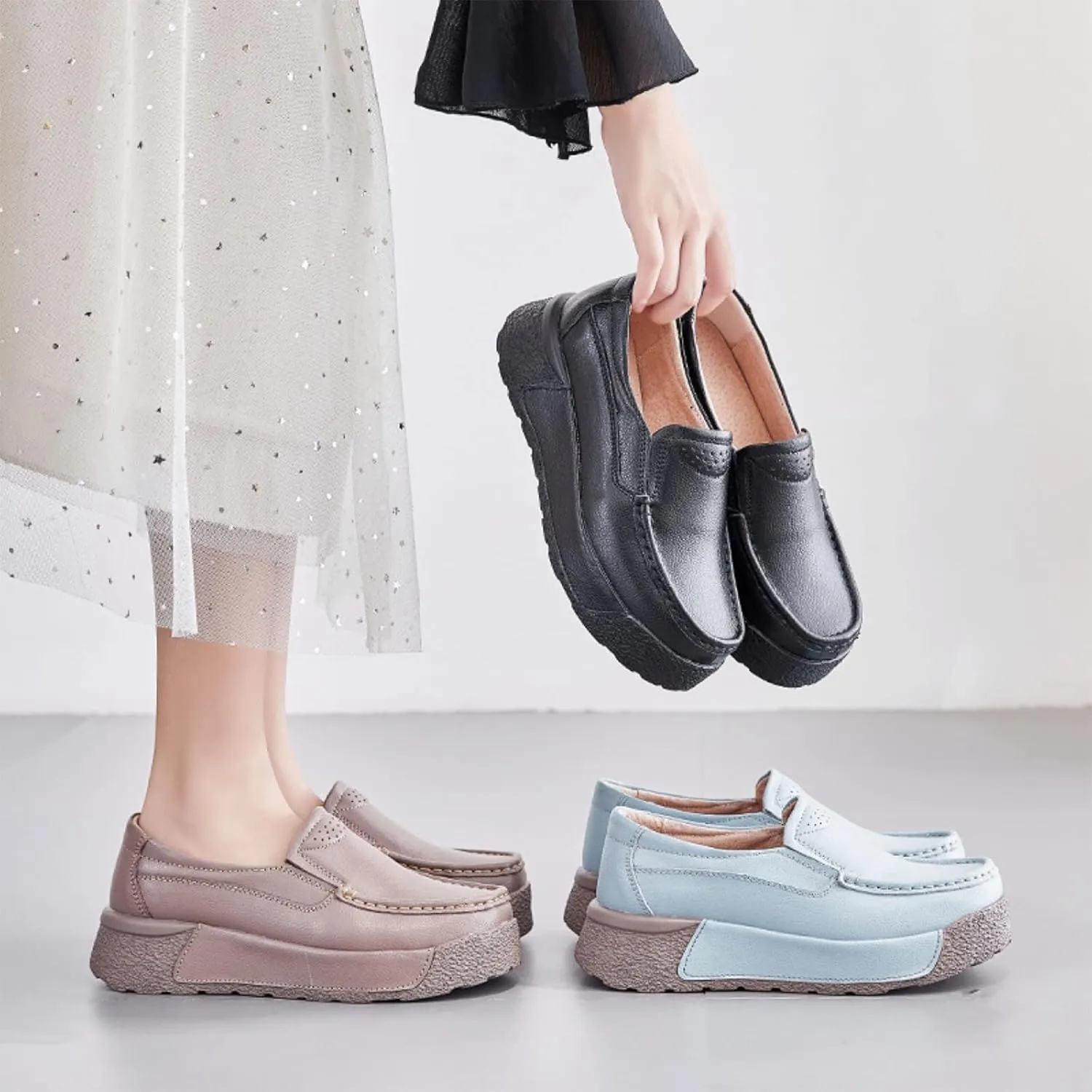 Women Platform Leather Slip On Loafers Wedge Moccasins,Casual Comfort Lightweight Soft Sole Low Top Walking Shoes Work Nurse Shoes