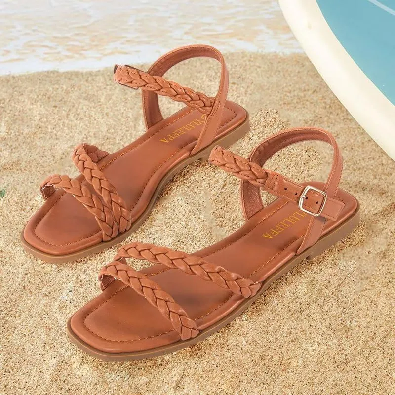 Women's Braided Flat Sandals - Comfortable Cute Square Open Toe Slingback Summer Shoes with Adjustable Ankle Buckle