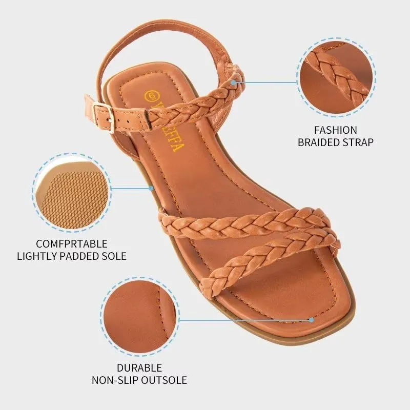 Women's Braided Flat Sandals - Comfortable Cute Square Open Toe Slingback Summer Shoes with Adjustable Ankle Buckle