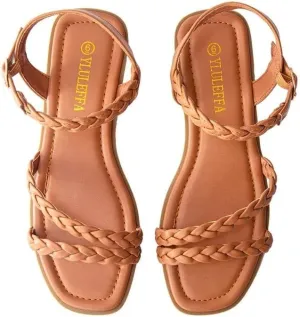 Women's Braided Flat Sandals - Comfortable Cute Square Open Toe Slingback Summer Shoes with Adjustable Ankle Buckle