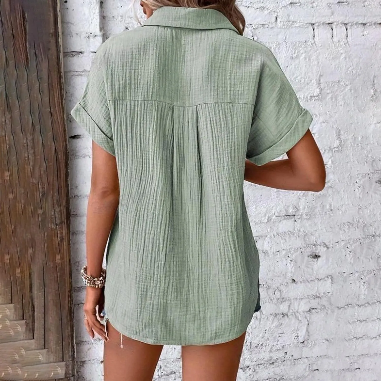 Womens Button Down Cotton Linen Shirt Short Sleeve Blouse Summer Casual Dress Shirts Loose Fit Beach Tops