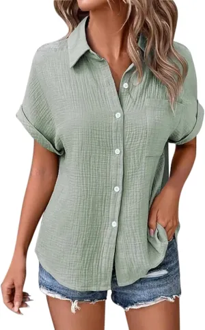 Womens Button Down Cotton Linen Shirt Short Sleeve Blouse Summer Casual Dress Shirts Loose Fit Beach Tops