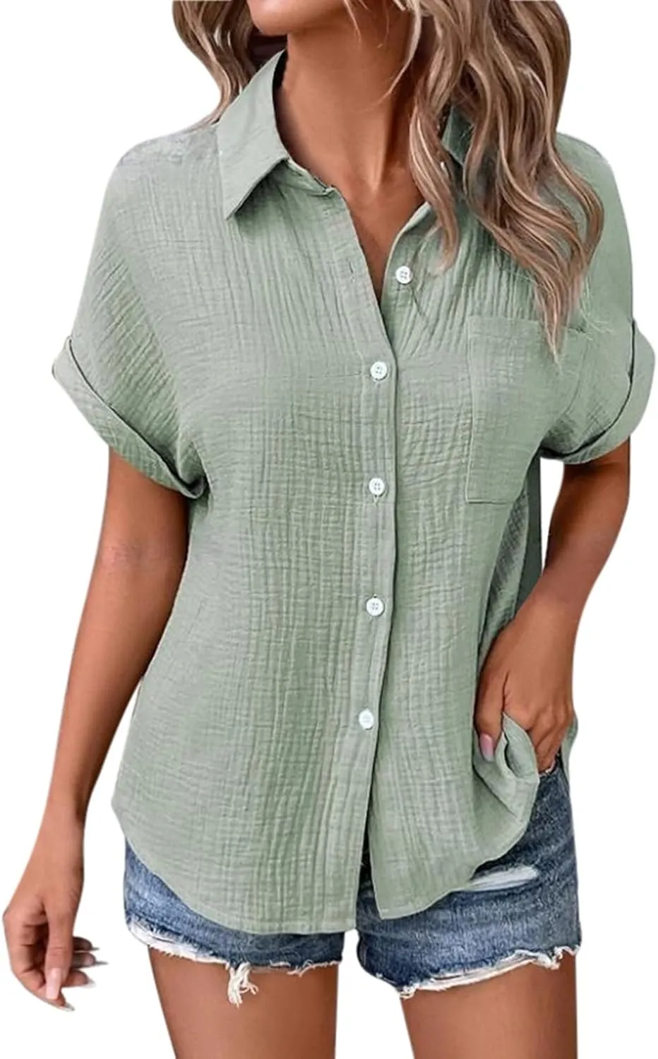 Womens Button Down Cotton Linen Shirt Short Sleeve Blouse Summer Casual Dress Shirts Loose Fit Beach Tops