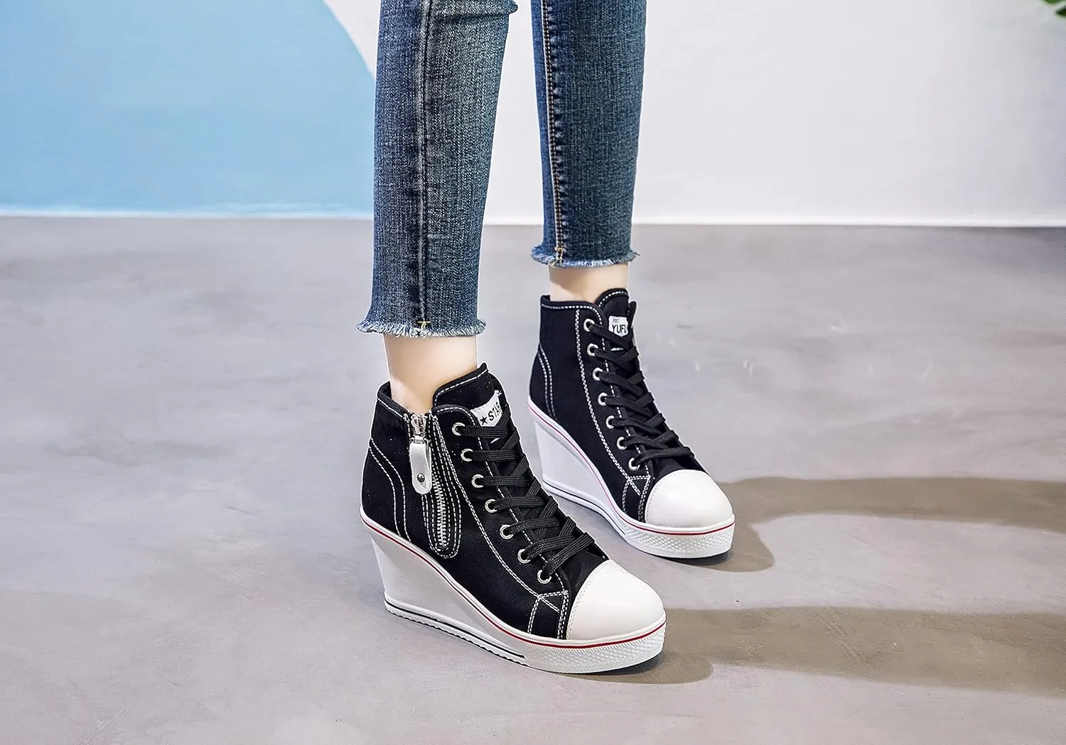 Women's Canvas High-Heeled Shoes Fashion Sneakers Casual Shoes for Walking Platform Wedges Pump Shoes