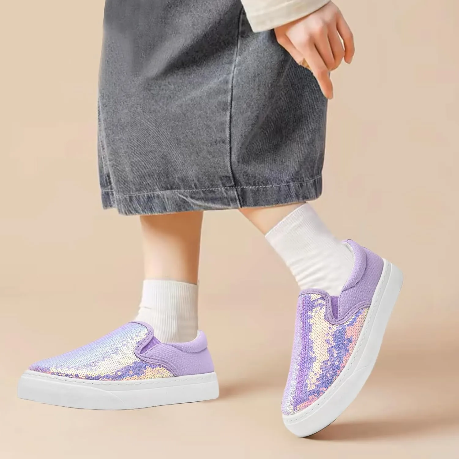 Women's Canvas Slip On Shoes Glitter Sequin Sneakers Sparkly Flat Loafers Casual Comfortable Tennis Shoes for Women