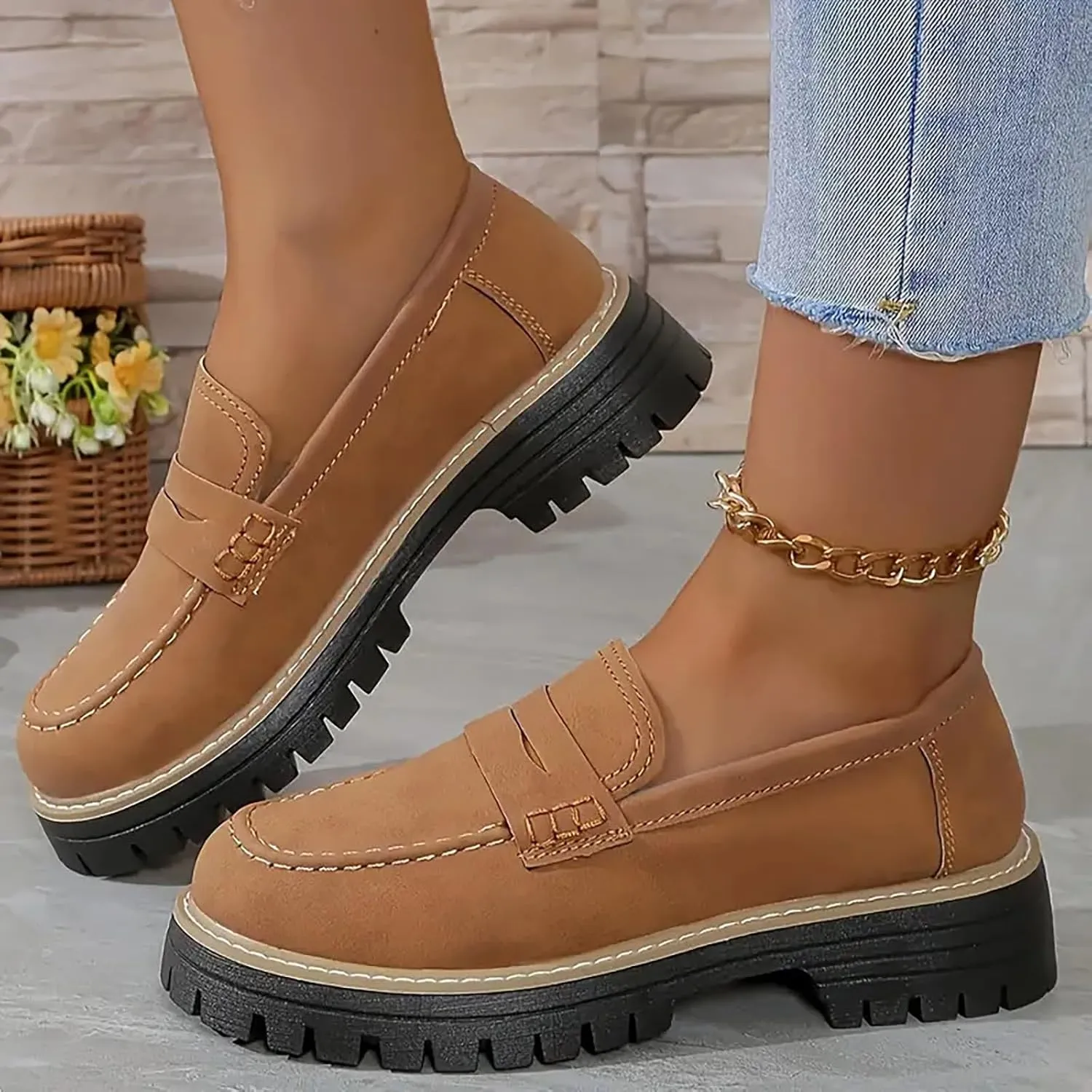 Womens Chunky Loafers Platform Work Shoes Dress Penny Loafers Comfortable Office Shoes Casual Leather Shoes
