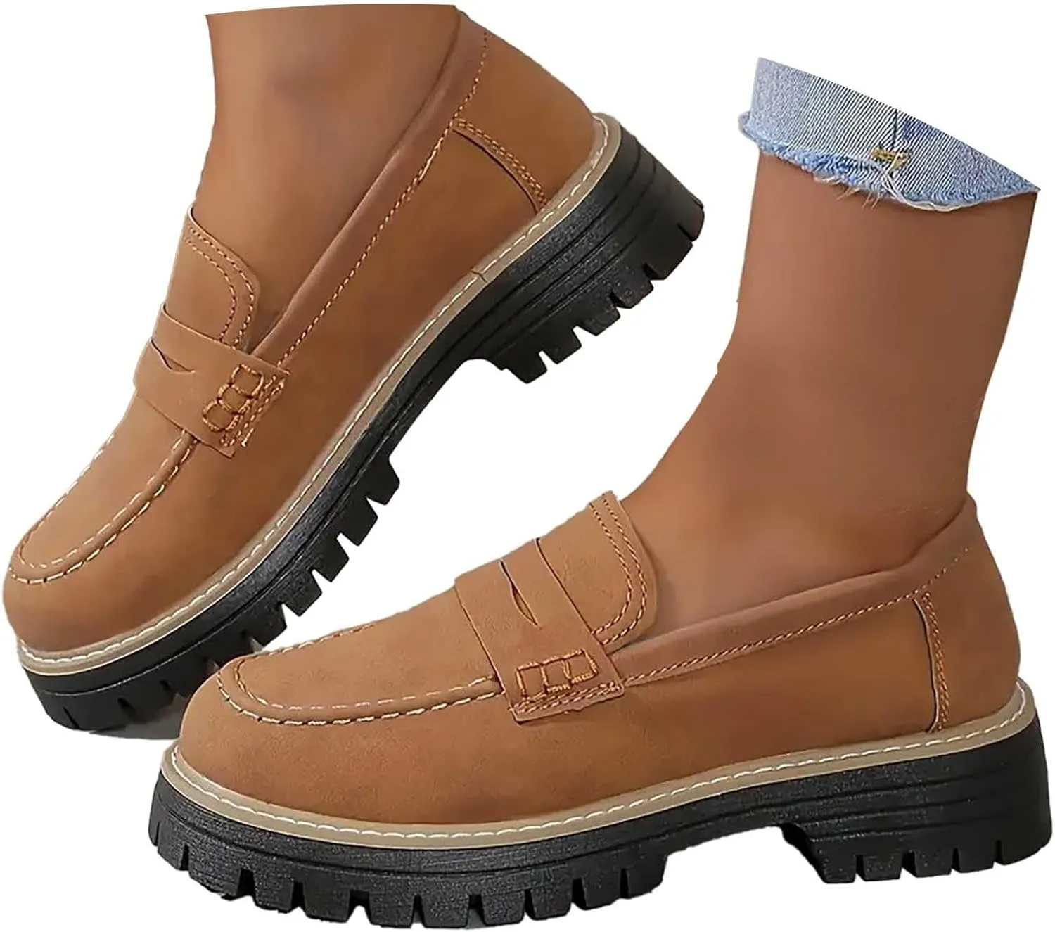 Womens Chunky Loafers Platform Work Shoes Dress Penny Loafers Comfortable Office Shoes Casual Leather Shoes