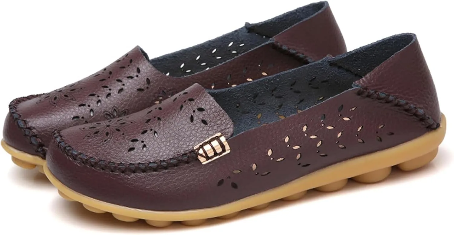 Women's Cowhide Leather Shoes Loafers Flats Sandals Slip-On Cutout Orthopedic Breathable Comfortable Hollow Soft Summer Casual Leather, Loafer Fashion Slip On Walking Round Toe Nurse Driving Shoes