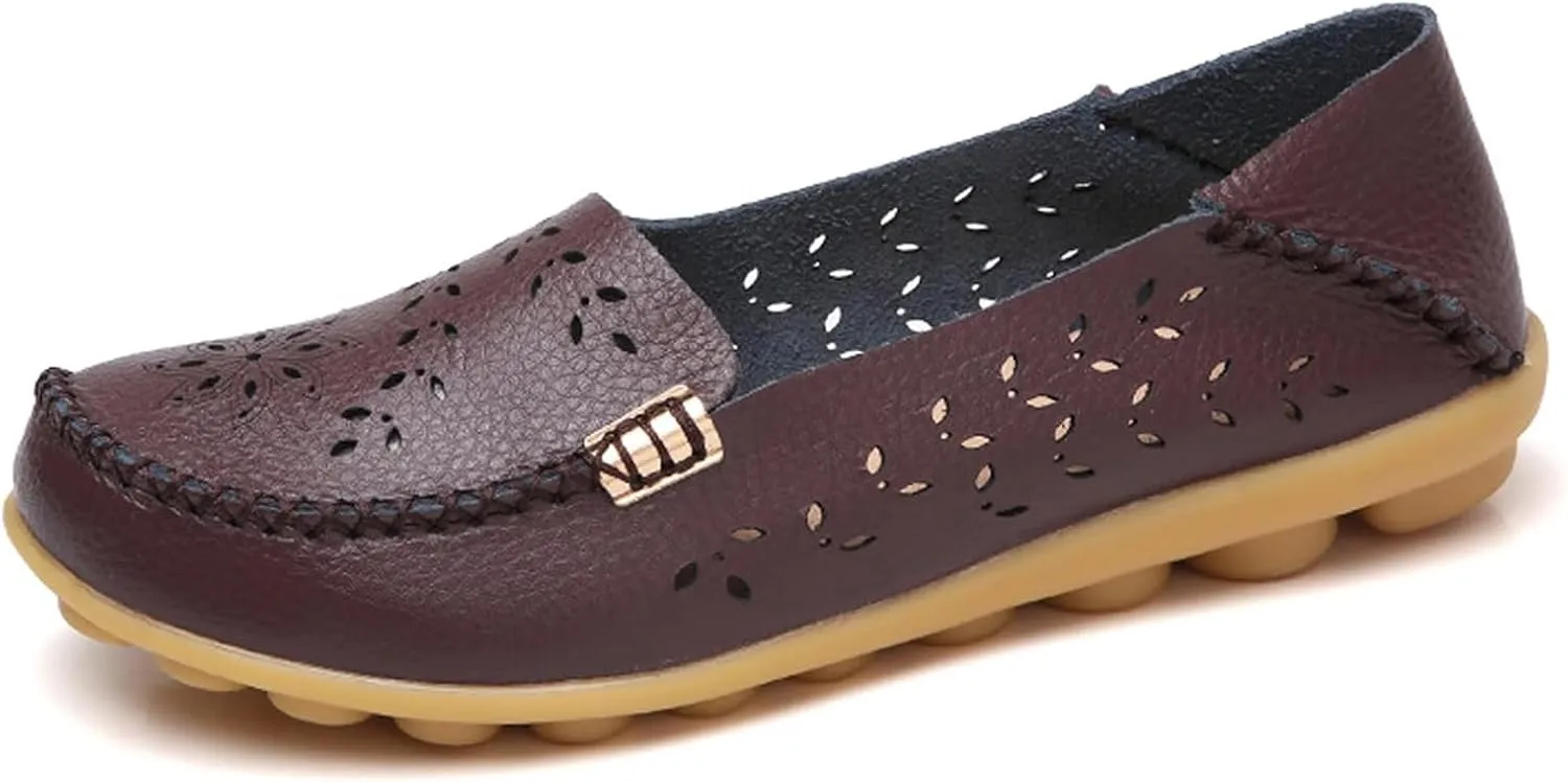 Women's Cowhide Leather Shoes Loafers Flats Sandals Slip-On Cutout Orthopedic Breathable Comfortable Hollow Soft Summer Casual Leather, Loafer Fashion Slip On Walking Round Toe Nurse Driving Shoes