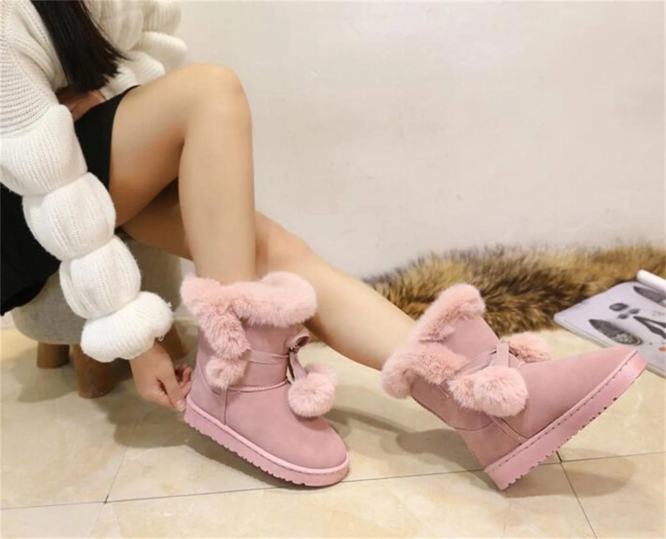 Women's Cute Pompon Lace Up Fur Winter Snow Boots Sweetheart Princess Fluffy Boots