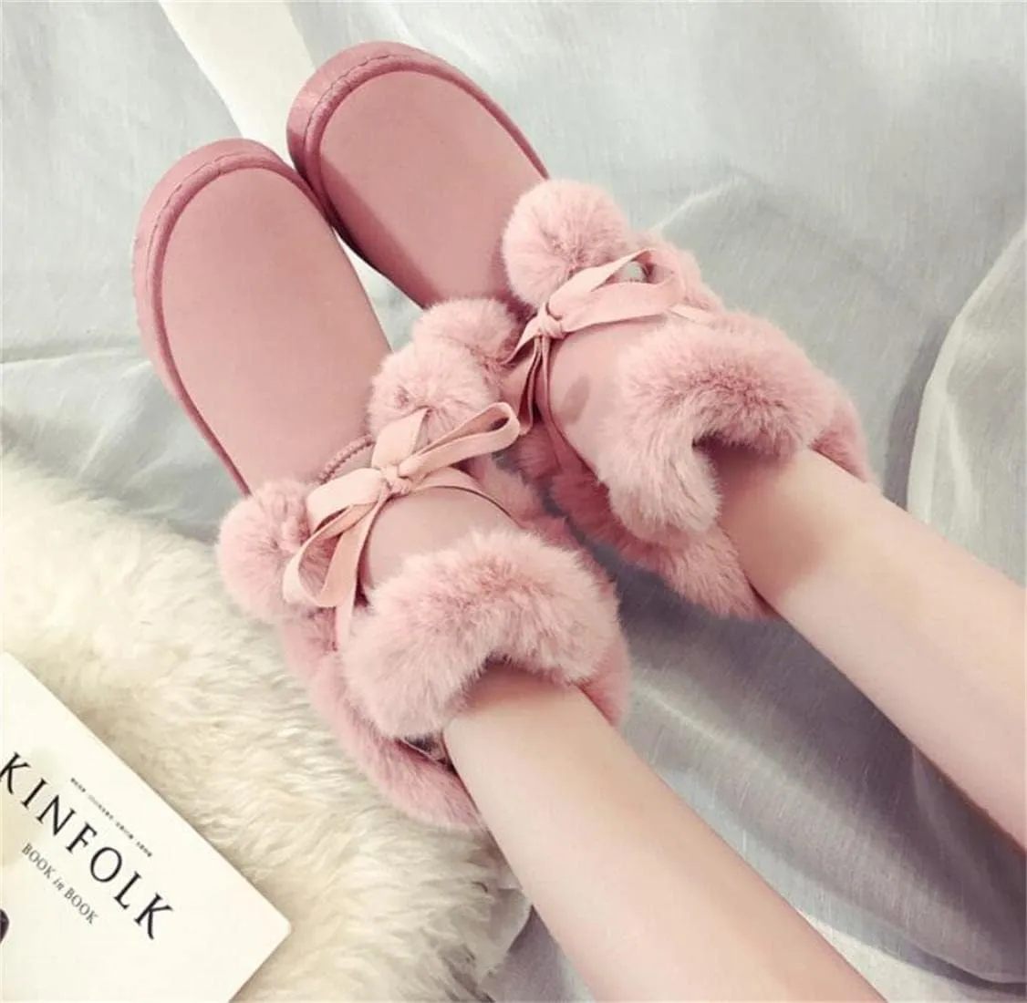 Women's Cute Pompon Lace Up Fur Winter Snow Boots Sweetheart Princess Fluffy Boots